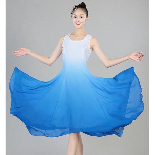 Modern dance ballet dresses women's female lady blue white gradient colored long length competition performance ballet dresses